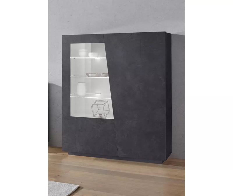 Dressoir wandmeubel modern hoogglans wit cement-look donkergrijs met glas Breedte 146 cm Lengte 120 cm Diepte 43 cm