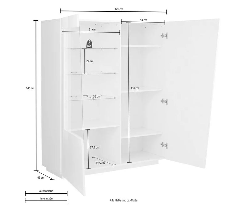 Dressoir wandmeubel modern hoogglans wit cement-look donkergrijs met glas Breedte 146 cm Lengte 120 cm Diepte 43 cm