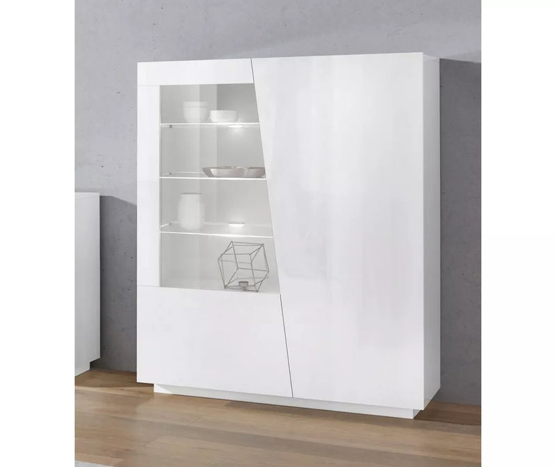 Dressoir wandmeubel modern hoogglans wit cement-look donkergrijs met glas Breedte 146 cm Lengte 120 cm Diepte 43 cm