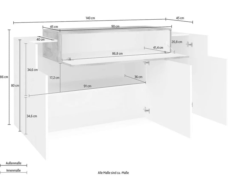 Aparador de pared moderno blanco marrón negro Ancho 140 cm Fondo 45 cm Alto 86 cm