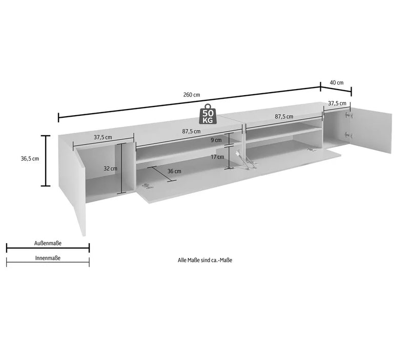 Mueble de pared para TV blanco brillante con iluminación ambiental Ancho 260 cm Fondo 40 cm Alto 36,5 cm