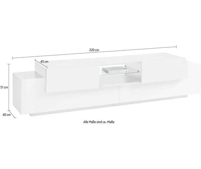 Mueble TV mueble alto blanco brillante con tapa de cristal Ancho 220 cm Fondo 45 cm Alto 51 cm