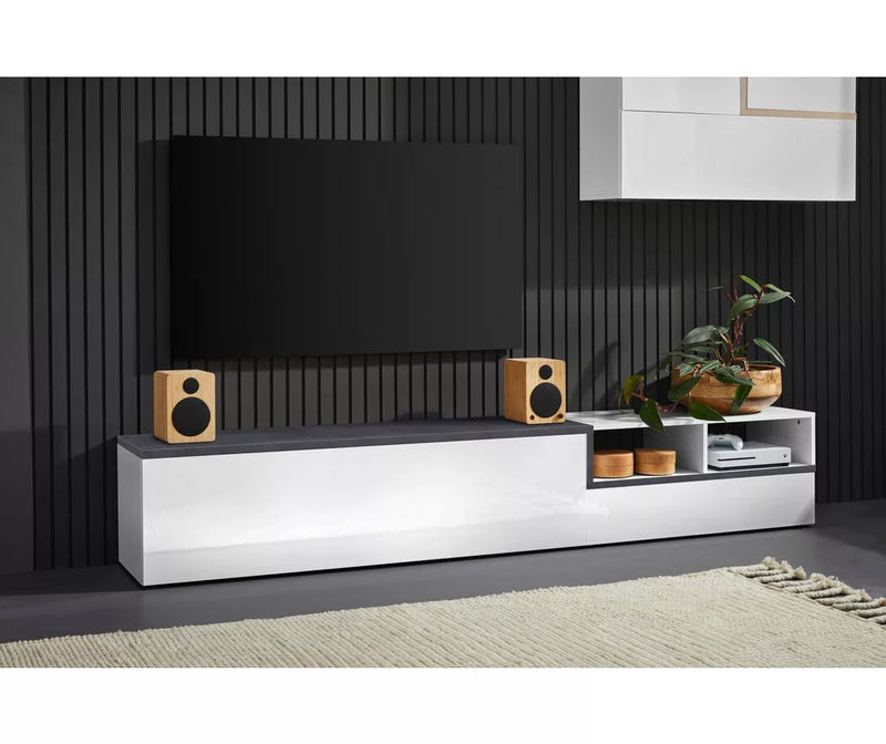 Mueble TV mueble alto moderno blanco brillante gris oscuro Ancho 240 cm Fondo 40 cm Alto 46 cm