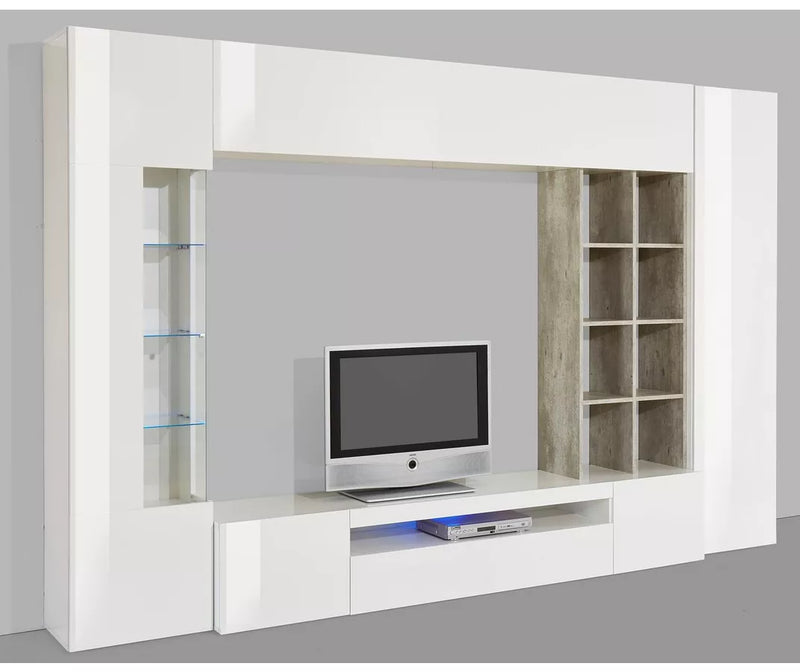 Mueble de pared para TV blanco brillante con iluminación ambiental (juego, 5 piezas)