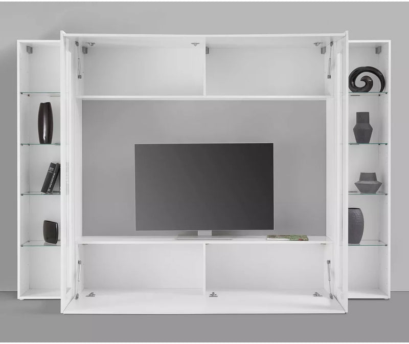 Mueble de pared para TV blanco brillante con iluminación ambiental Ancho 260 cm Fondo 30 cm Alto 180 cm