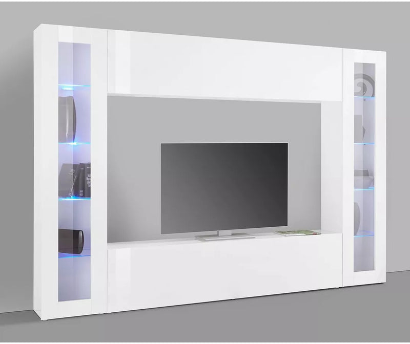 Mueble de pared para TV blanco brillante con iluminación ambiental Ancho 260 cm Fondo 30 cm Alto 180 cm