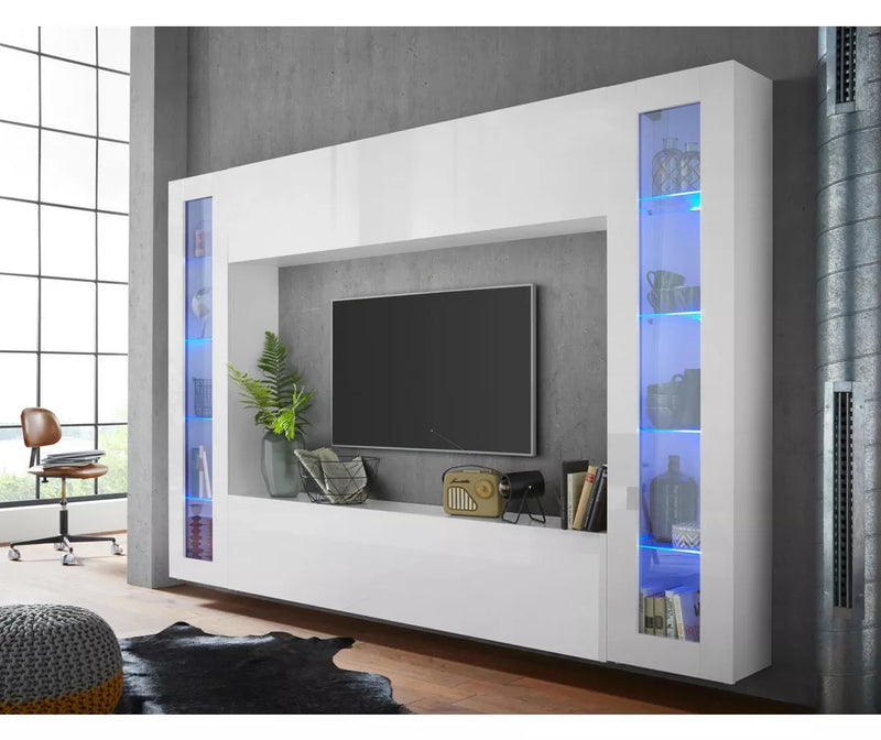 Mueble de pared para TV blanco brillante con iluminación ambiental Ancho 260 cm Fondo 30 cm Alto 180 cm