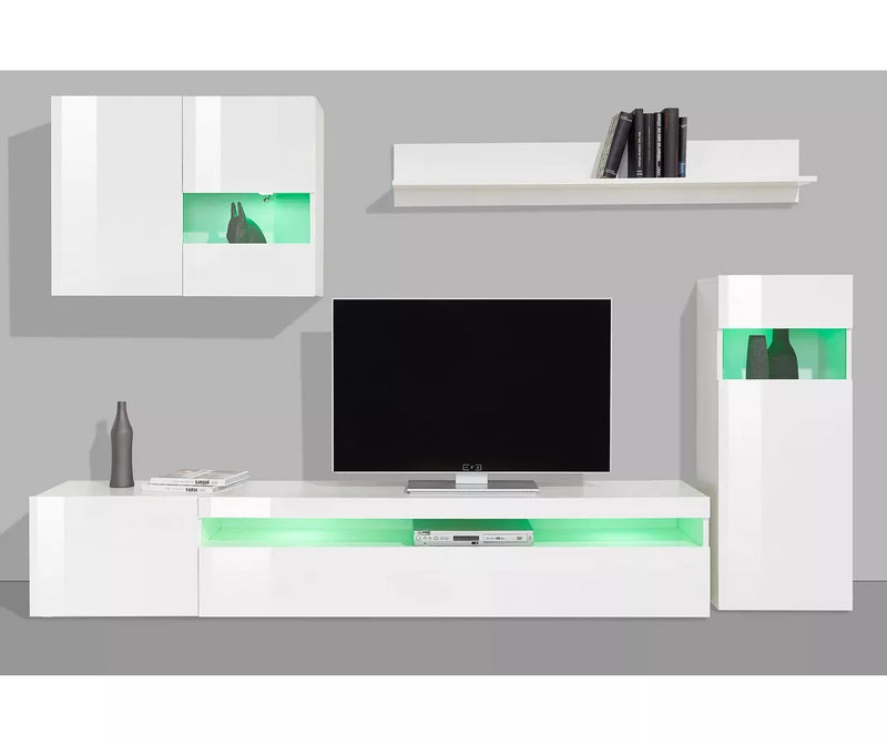 Mueble de pared para TV blanco brillante (juego de 4 piezas) con iluminación ambiental Ancho 200 cm