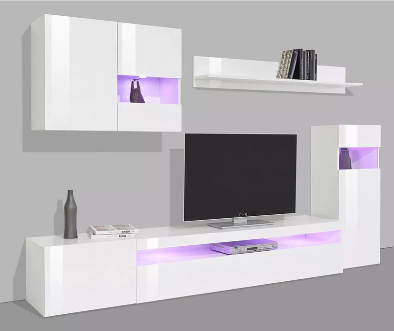 Mueble de pared para TV blanco brillante (juego de 4 piezas) con iluminación ambiental Ancho 200 cm