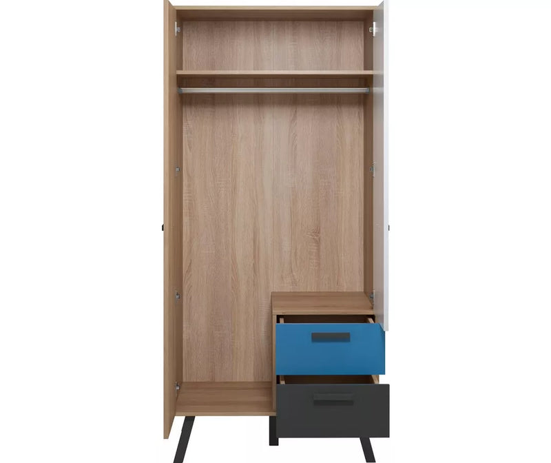 Kledingkast modern eiken bruin wit zwart blauw Breedte 87 cm Diepte 61 cm Hoogte 190 cm