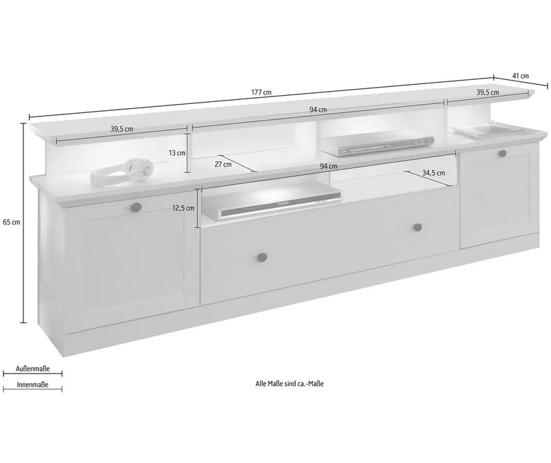 Mueble TV mueble alto blanco con iluminación ambiental Ancho 177 cm Fondo 41 cm Alto 65 cm