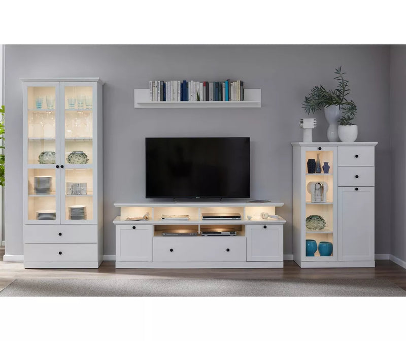 Mueble TV mueble alto blanco con iluminación ambiental Ancho 177 cm Fondo 41 cm Alto 65 cm