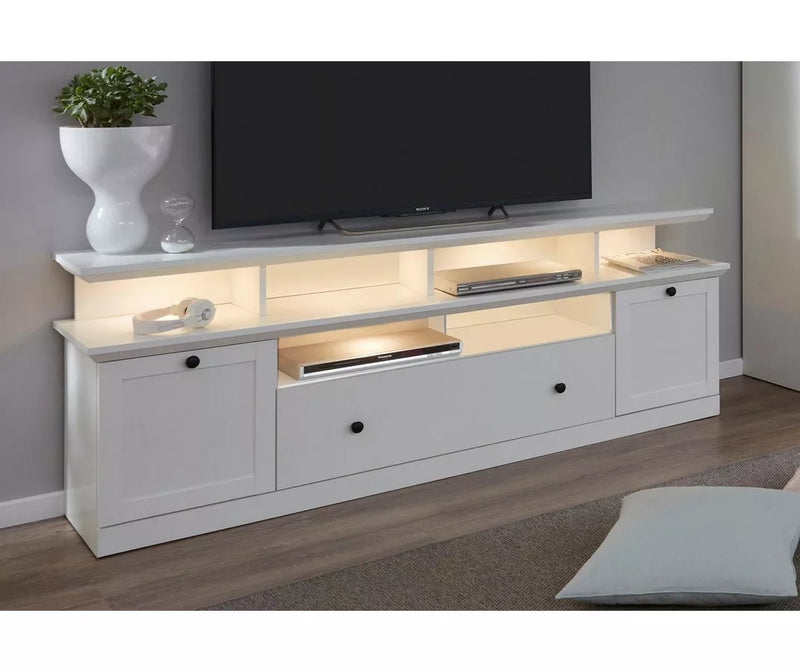 Mueble TV mueble alto blanco con iluminación ambiental Ancho 177 cm Fondo 41 cm Alto 65 cm