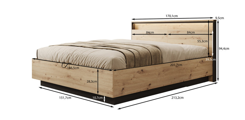 Tweepersoonsbed Quarry - Eiken - 160x200 cm - Met gaslift