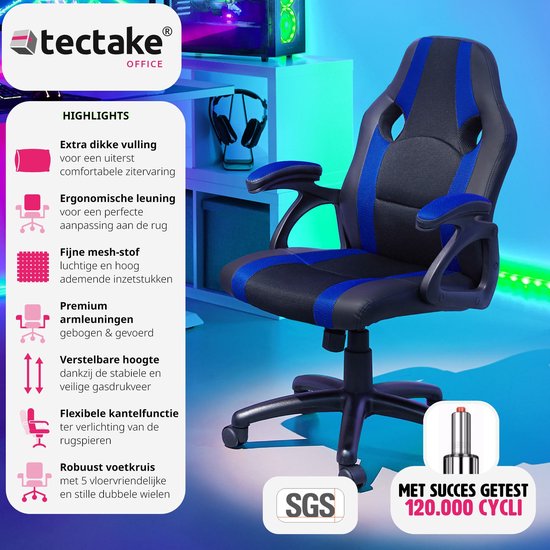 tectake® - bureaustoel gamingchair - luxe burostoel kantoorstoel - racingstoel burostoel gamestoel Benny - zwart/blauw