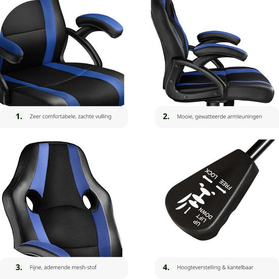 tectake® - bureaustoel gamingchair - luxe burostoel kantoorstoel - racingstoel burostoel gamestoel Benny - zwart/blauw