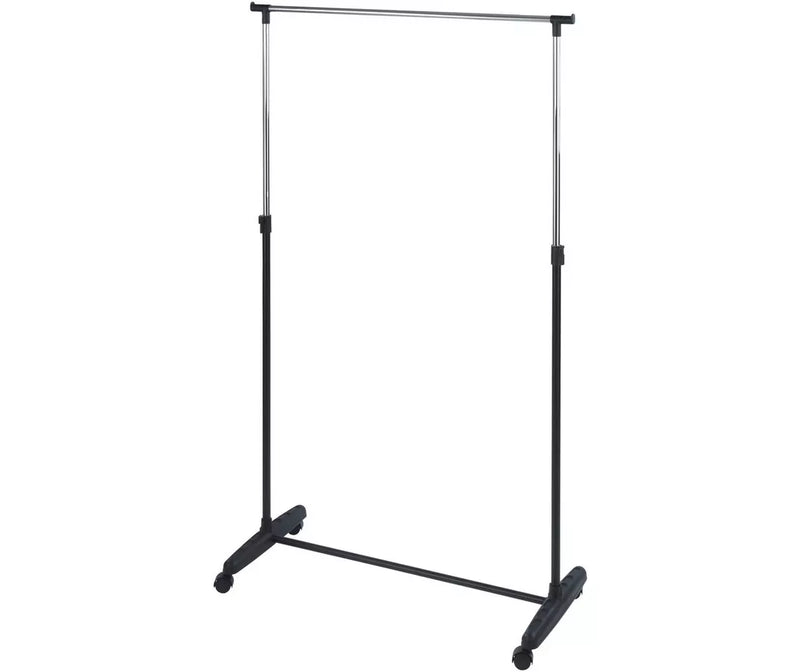 Perchero negro regulable en altura 4 ruedas Ancho 90 cm Fondo 38 cm Alto mínimo 103 cm Alto máximo 170 cm Capacidad máxima 10 kg