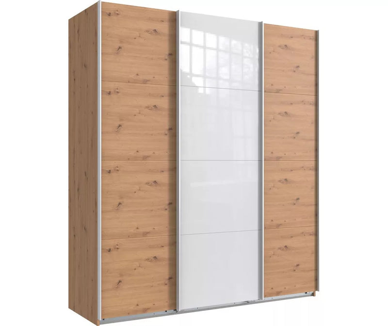 Kledingkast zweefdeurkast modern hoogglans zwart wit eiken lichtbruin eiken donkerbruin Breedte 180 cm Diepte 64 cm Hoogte 210 cm