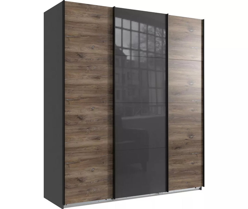 Kledingkast zweefdeurkast modern hoogglans zwart wit eiken lichtbruin eiken donkerbruin Breedte 180 cm Diepte 64 cm Hoogte 210 cm