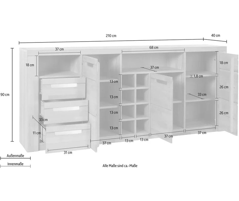 Dressoir wandmeubel landelijk lichtbruin Breedte 210 cm Diepte 40 cm Hoogte 90 cm