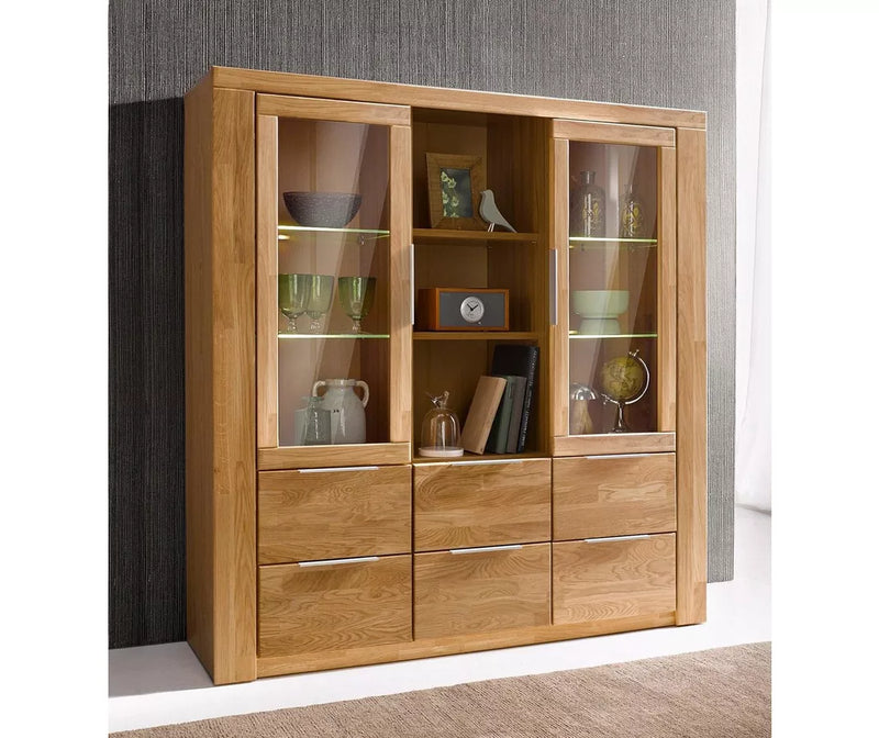 Dressoir wandmeubel landelijk massief lichtbruin bruin met glas Breedte 140 cm Diepte 40 cm Hoogte 145 cm