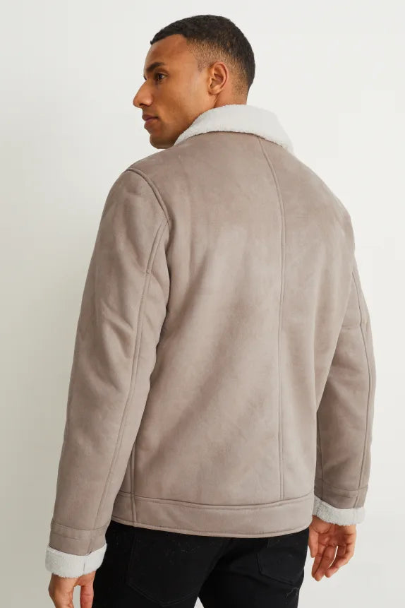 Heren jas met bontkraag en rits taupe wit s m l xl xxl xxxl