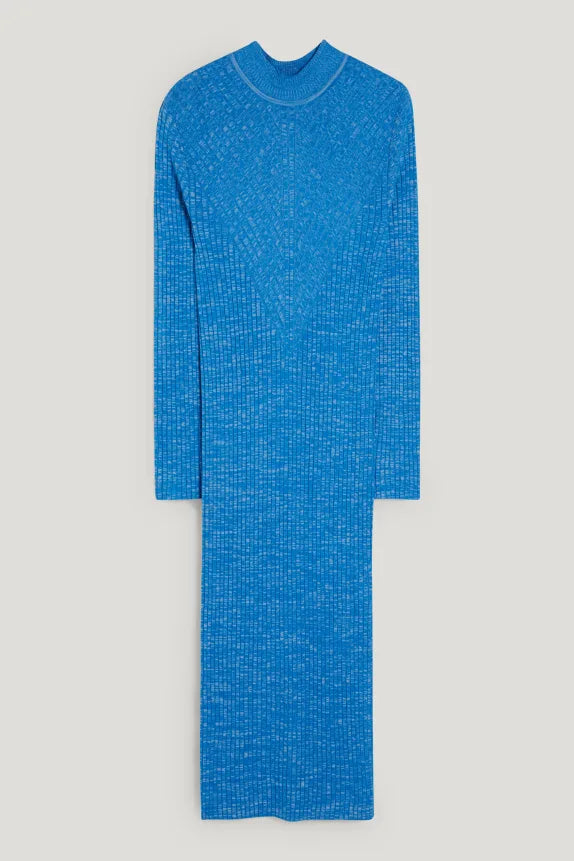 Vestido largo de punto con cuello alto para mujer de la marca Clemens &amp; August, cuello embudo, azul xs sml