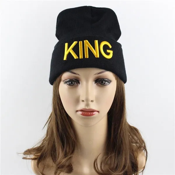 Gorro de invierno para mujer con estampado King &amp; Queen negro