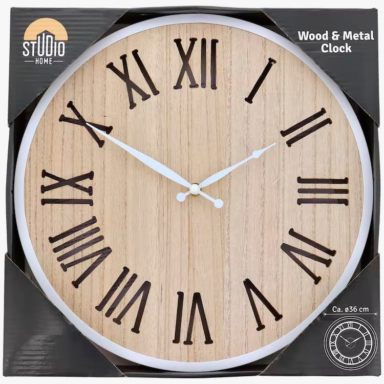 Wall clock 36 cm size oak brown white black (l x w x h) 36 x 36 x 5 cm | Home accessories