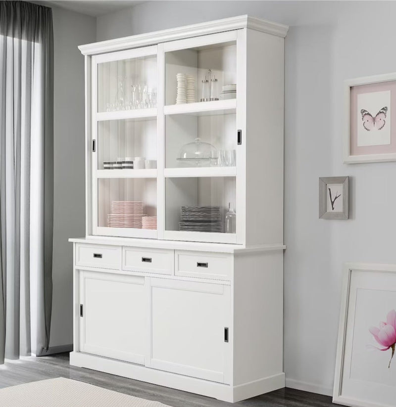Sideboard wall cabinet wall unit with display cabinet sliding doors handmade character white width: 154 cm depth: 52 cm height: 226 cm