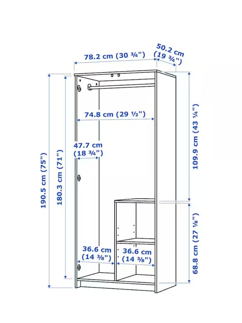 Wardrobe wall cabinet wall unit white black width: 78 cm depth: 50 cm height: 190 cm