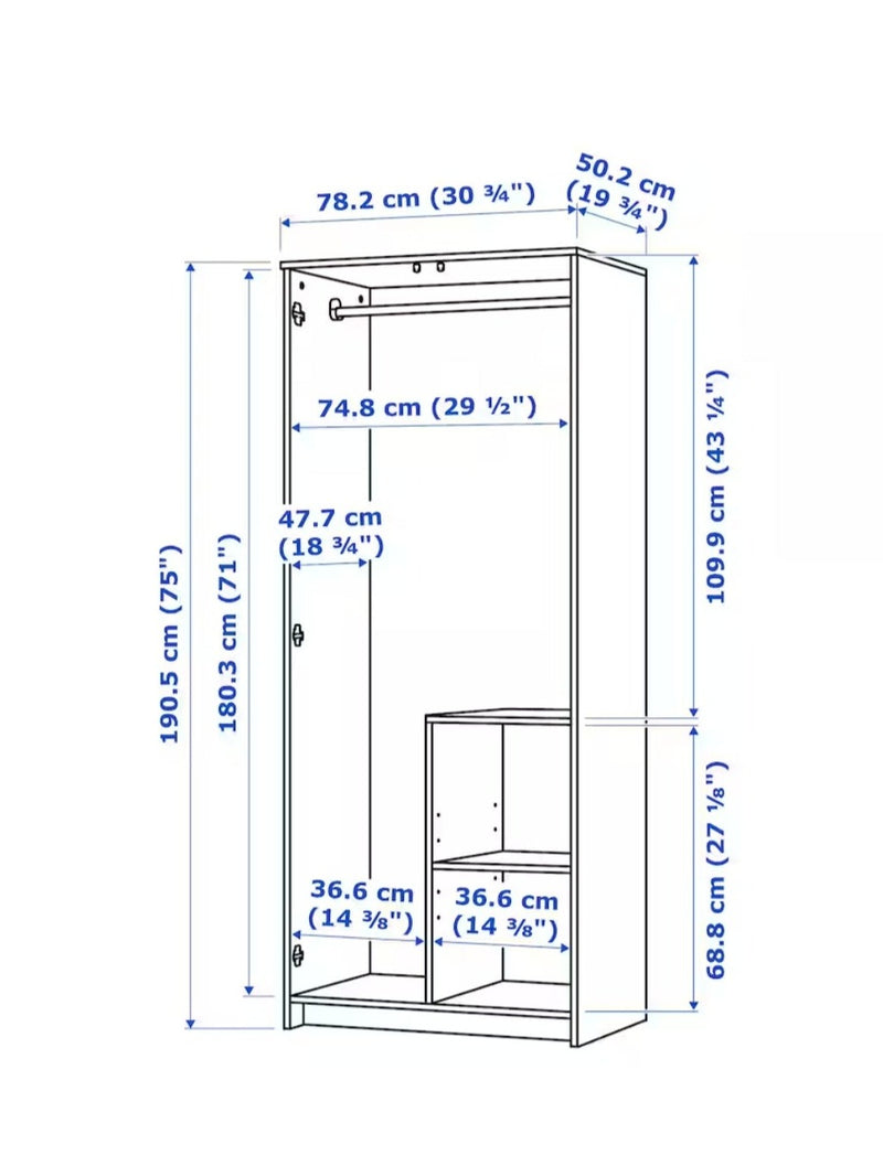 Wardrobe wall cabinet wall unit white black width: 78 cm depth: 50 cm height: 190 cm