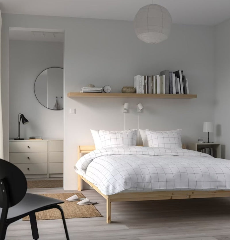 Double bed 2 persons bed light brown pine bed frame 140x200cm length 205 cm width 144 cm | Bedroom