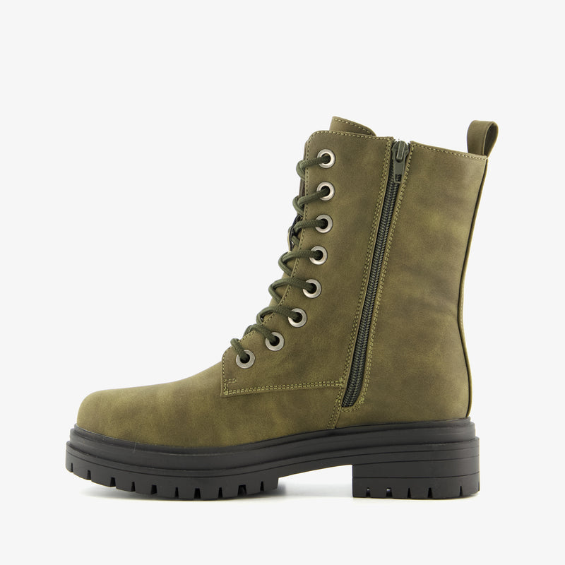 Orléans merk dames hoge boots laarzen met stevige zool leer legergroen zwart bruin cognac 37 t/m 41